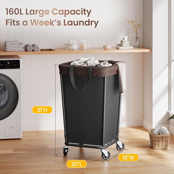 160L Laundry Basket with Wheels, 2-section Rolling Laundry Basket, Large - Image 3