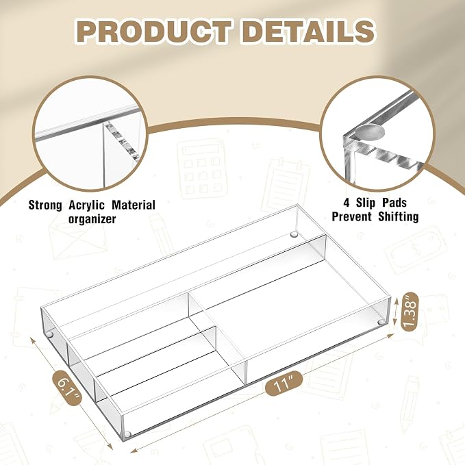 Acrylic Desk Drawer Organizer 11 x 6.1 x 1.38 Inch Storage Tray Organizer - Image 2