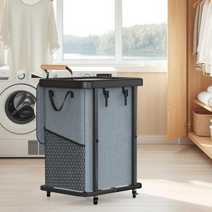 40 Gal Laundry Hamper with Lid, Leather Patchwork Laundry Basket with Rolling - Image 7