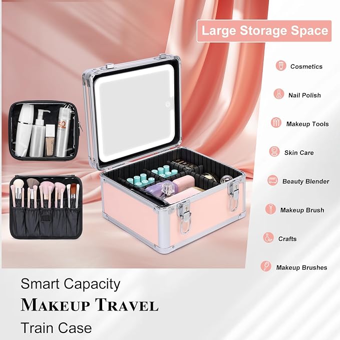 Makeup Box with Led Mirror, Travel Train Hard Case with Rechargeable Lighted - Image 2