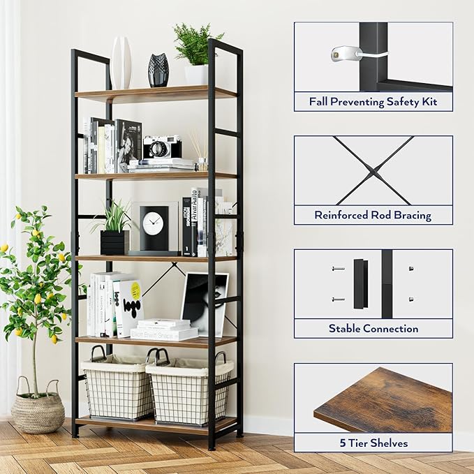 NUMENN 5 Tier Bookshelf, Tall Freestanding Open Storage Bookcase, Vintage | - Image 5