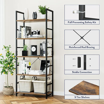 NUMENN 5 Tier Bookshelf, Tall Freestanding Open Storage Bookcase, Vintage | - Image 5