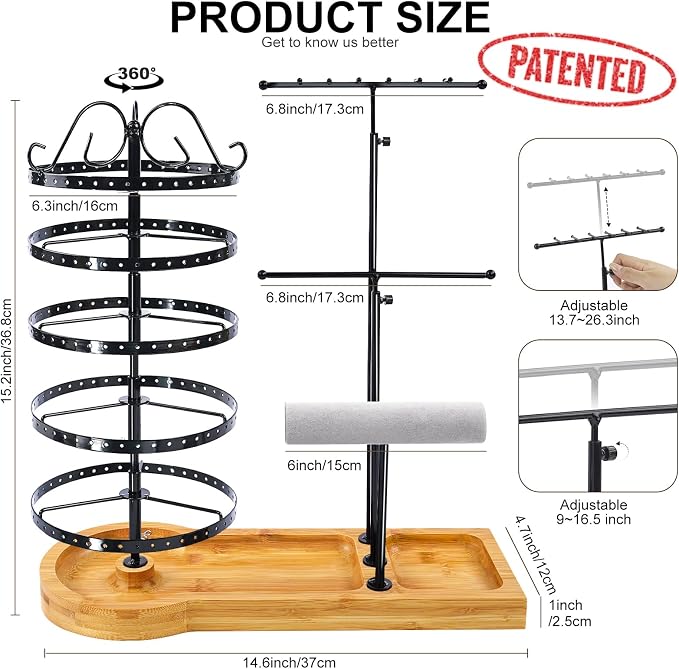 Jewelry Organizer Stand with Bamboo Base, Metal Rotating Earring Holder - Image 3