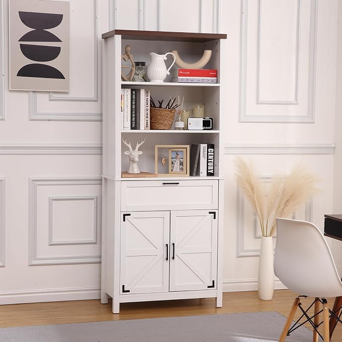 GarveeHome Bookshelf with Doors, 6-Tire Farmhouse Storage Cabinet Bookcase by GarveeHome