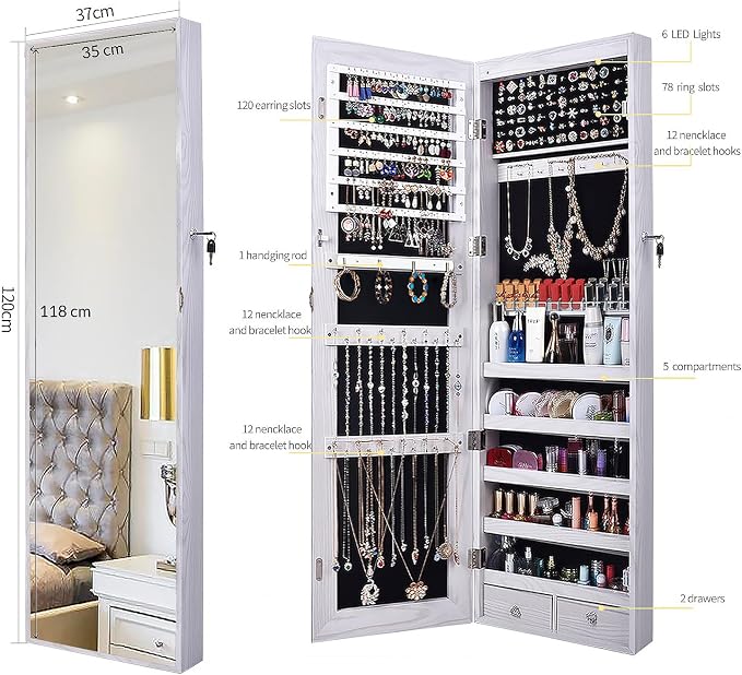 47" H Jewelry Armoire Full Length Mirror Cabinet Storage Organizer w/LED Light - Image 3