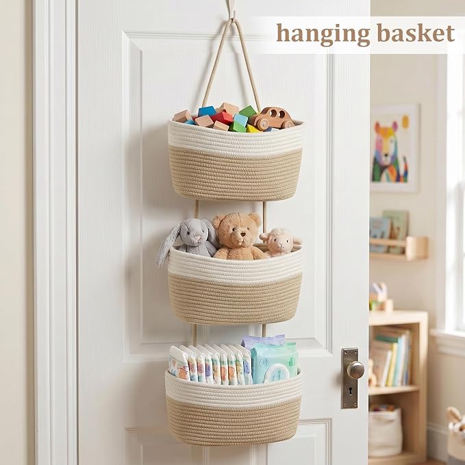 TeoKJ Over the Door Hanging Basket, 3-Tier Woven Cotton Wall-Mounted Storage - Image 4