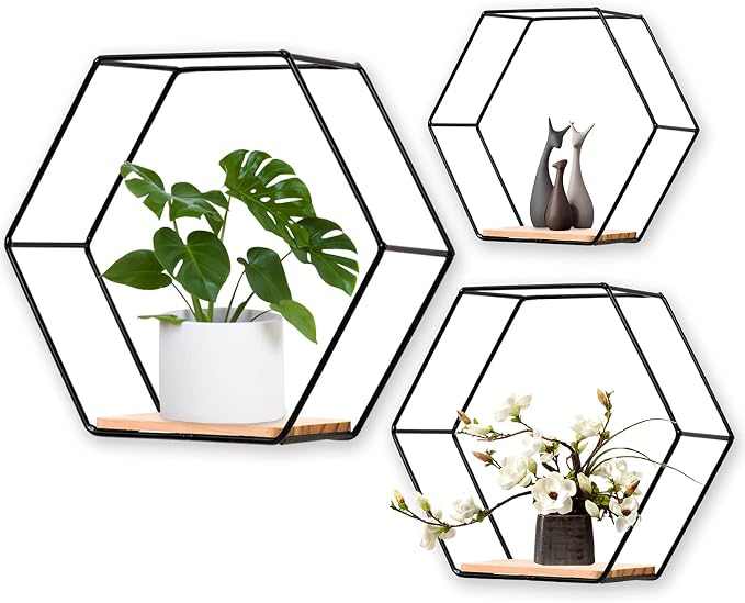 Wall Mounted Hexagonal Floating Shelves Black Set of 3 in Different Sizes by F+FINEC