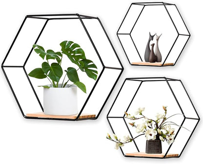Wall Mounted Hexagonal Floating Shelves Black Set of 3 in Different Sizes by F+FINEC