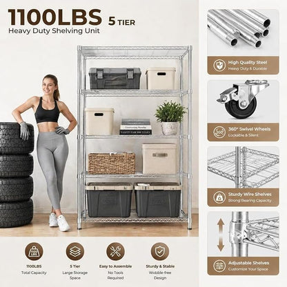 Wire Shelving with Cover, 5-Tier Metal Storage Rack, Lockable Wheels & Leveling - Image 4