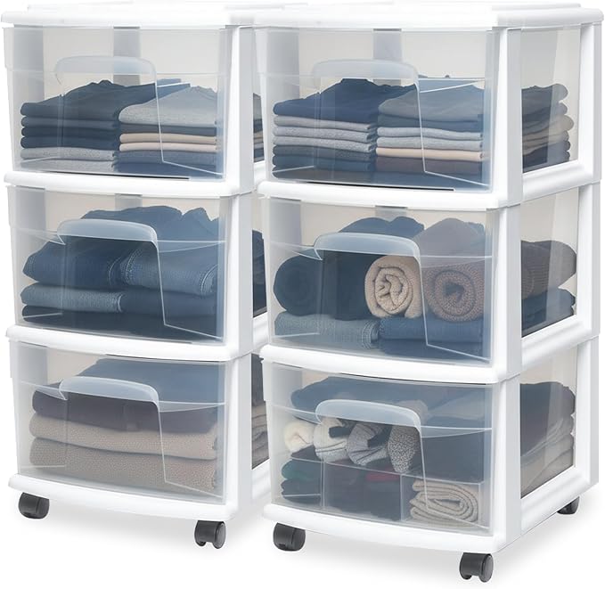 HOMZ Drawer Tower 3-Tier Storage Cart, Removable Wheels, 2 Pack | Plastic by Homz