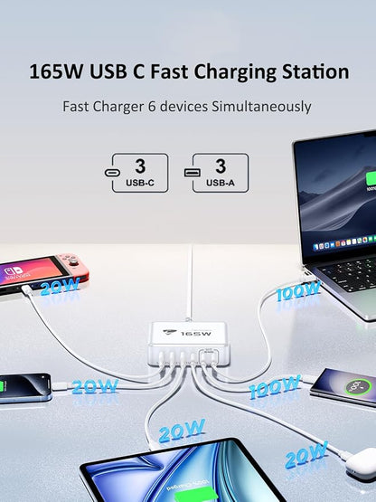 165W USB C Charging Station 6-Port GaN USB C Charger, PD 100W Laptop Hub Wall - Image 3