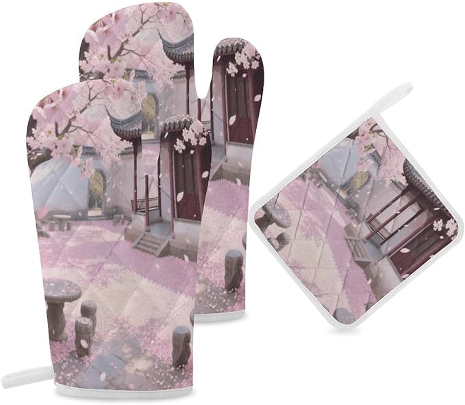 Cherry Blossom Garden Oven Mitts and Pot Holders 3pcs Set | Polyester Heat - Image 6