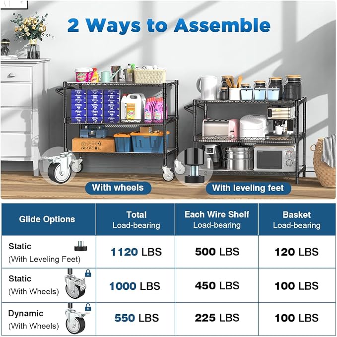 Leteuke 1120LBS Heavy Duty Rolling Utility Cart, 3 Tier Rolling Carts - Image 4