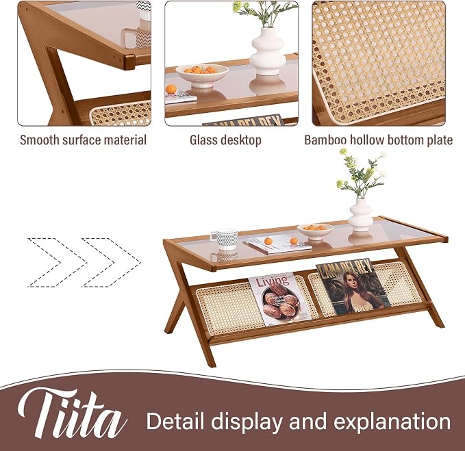 Tiita Rattan Coffee Table, Bamboo Accent Bedside Tables, Glass Nightstand Side - Image 4