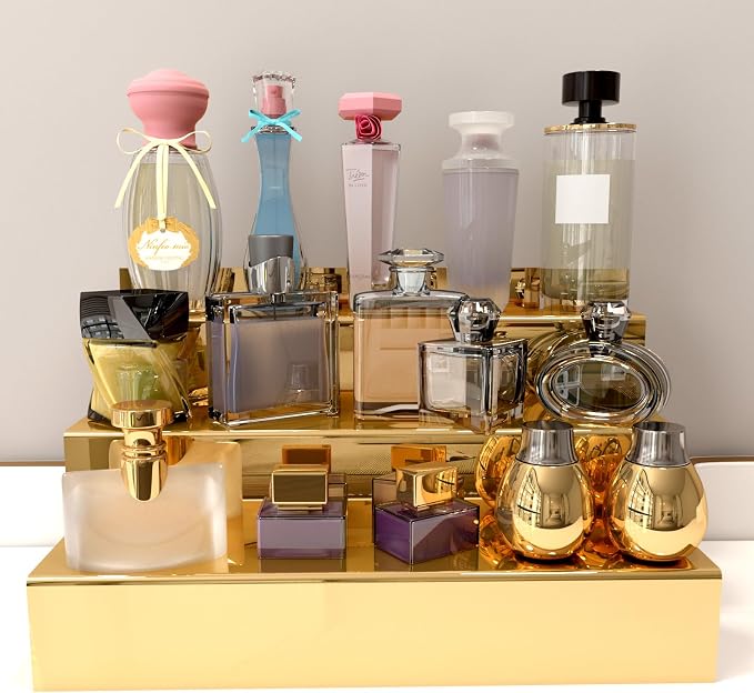 YMVV 12 IN Mirror Gold Acrylic 3 Tier Display Riser Perfume Organizer, Perfume - Image 2