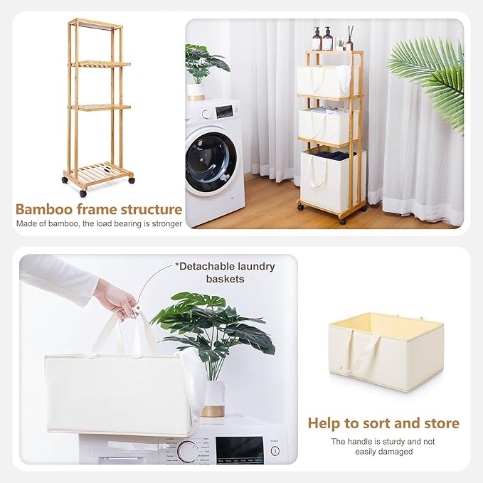 Homde Laundry Basket 3 Tier Bamboo Storage Shelf - Image 6