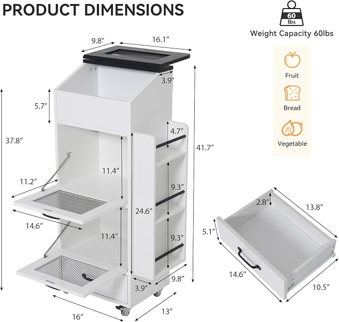 Verano Garden 16.0" Potato and Onion Storage Bin on Wheels, Bread Box | Fruit - Image 2
