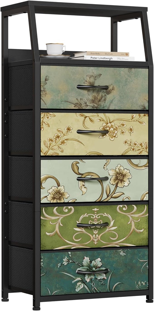 Furnulem 5 Drawers Dresser for Bedroom, Fabric Tall Nightstand | Retro Vertical by Furnulem
