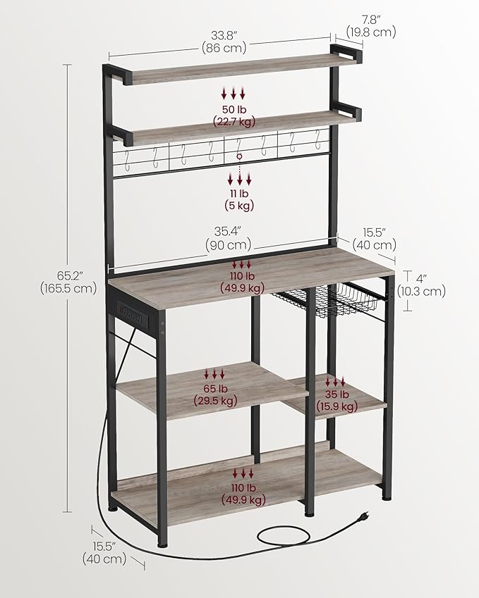 VASAGLE Bakers Rack with Power Outlet, 35.4 Inches Microwave Stand, Coffee Bar - Image 3