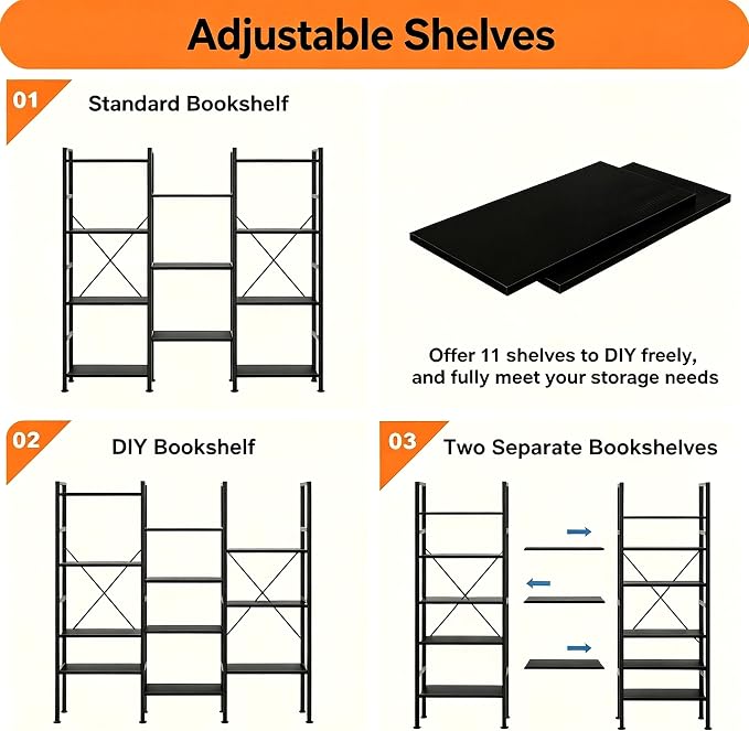 HealSmart Triple Column 4 Tier Bookshelf, Industrial Bookcase - Image 6