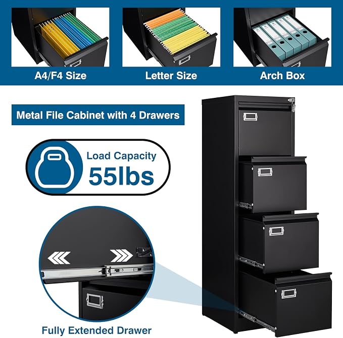4 Drawer File Cabinet, Vertical Filing Cabinets - Image 4