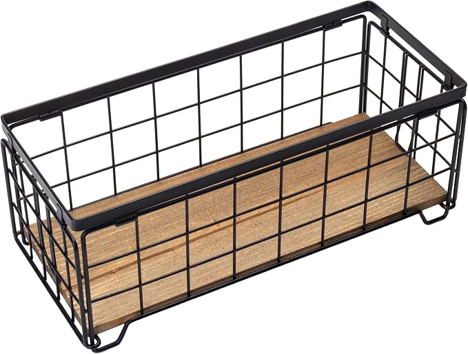 Metal Wire Storage Basket, Toilet Paper Roll Holder Wood Base Countertop Decor by TIEYIPIN
