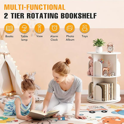 RUNSUNSPRI 2 Tier Rotating Bookshelf Tower Spinning Bookshelf Revolving - Image 6
