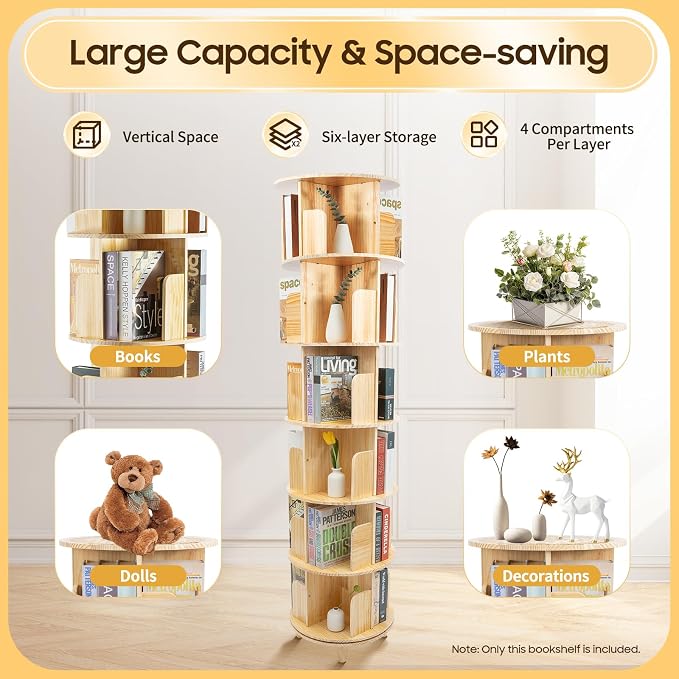 Rotating Bookshelf, 6-Tier Pine Wood Bookcase, Freestanding Bookcase Books - Image 4