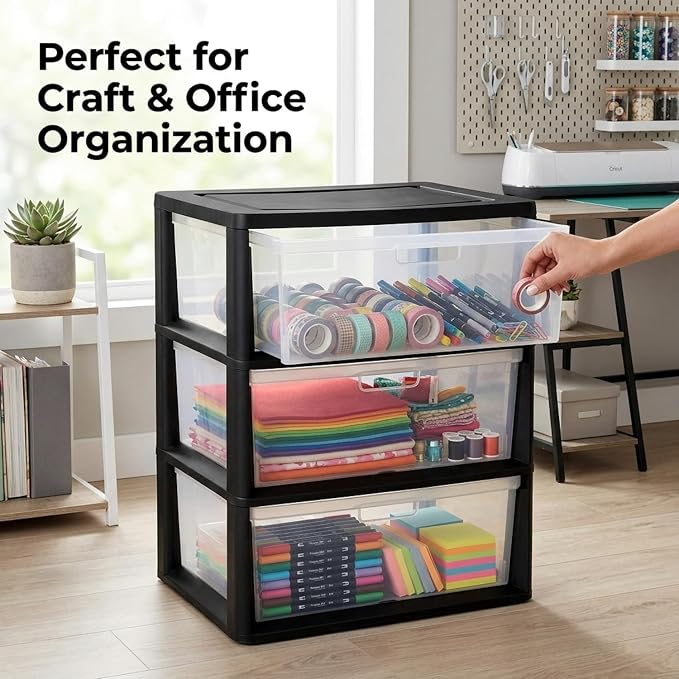 Wide 3-Drawer Plastic Storage Tower Organizer, 25.25" High, Drawer Stops & - Image 6