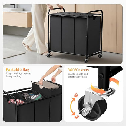 180L Laundry Sorter 3 Section, Rolling Laundry Basket - Image 3