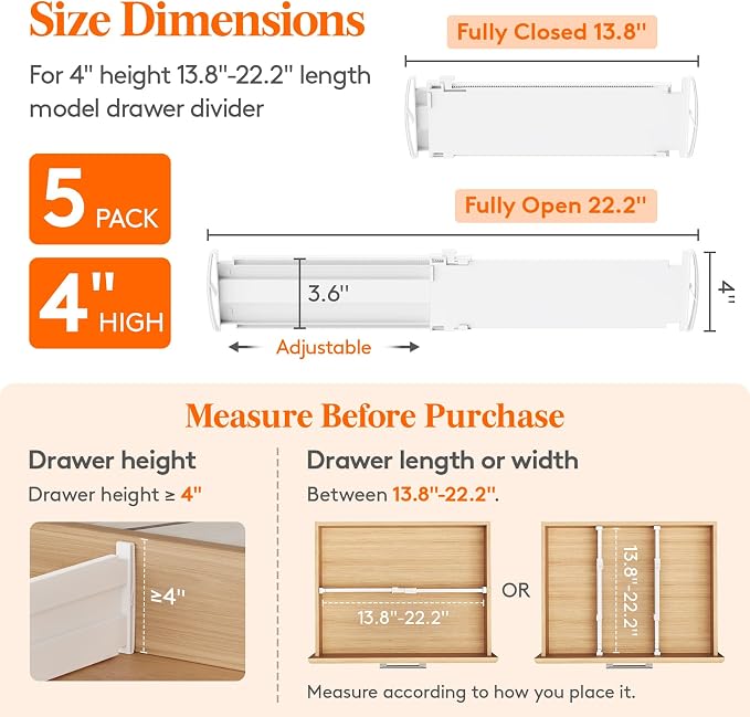 Lifewit 5 Pack Drawer Dividers for Clothes, Adjustable White Plastic Separators - Image 2