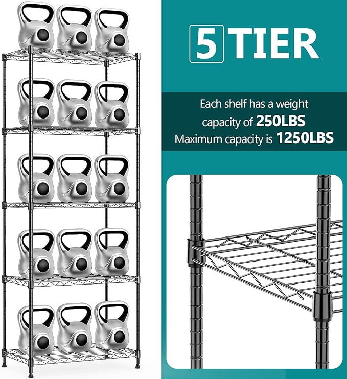 IZEUK 5-Tier Black Metal Storage Shelves, Adjustable Wire Shelving Unit - Image 3