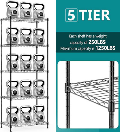 IZEUK 5-Tier Black Metal Storage Shelves, Adjustable Wire Shelving Unit - Image 3