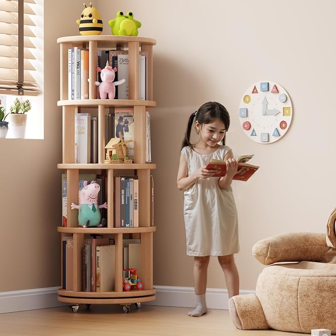 Solid Wood Rotating Bookshelf on Wheels, 4 Tier, Round Revolving Bookcase - Image 3