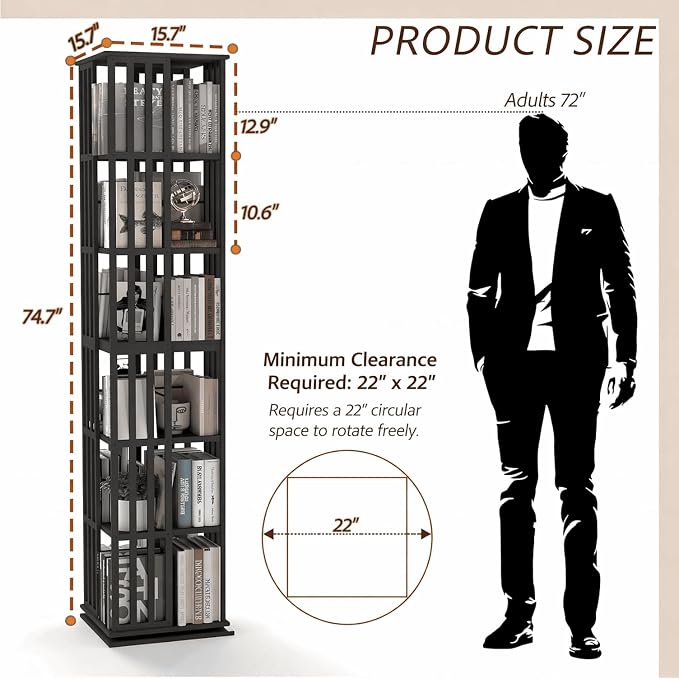 6 Tier Bamboo Rotating Bookshelf Tower, 360 Swivil Bookcase, 74.7in | Easy - Image 2