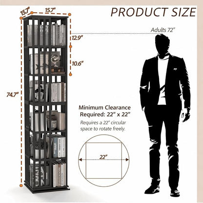 6 Tier Bamboo Rotating Bookshelf Tower, 360 Swivil Bookcase, 74.7in | Easy - Image 2