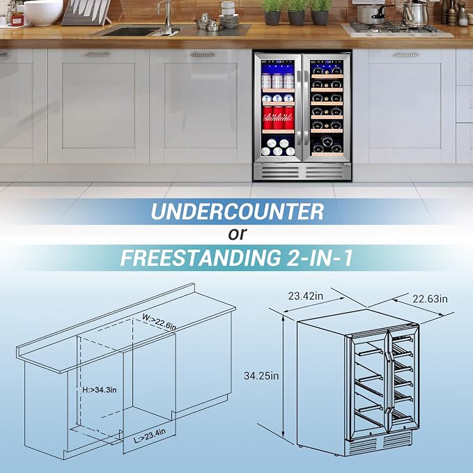 24 Inch Beverage Refrigerator Undercounter, Dual Zone Wine and Beverage Cooler - Image 5