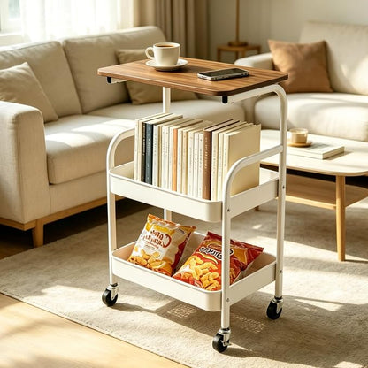3 Tier Rolling Cart with Walnut Table Top, Sturdy Metal Storage Cart with - Image 4