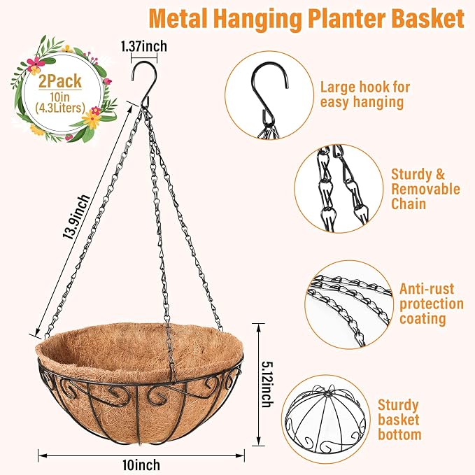 2 Pack 10 Inch Metal Hanging Baskets - Image 2