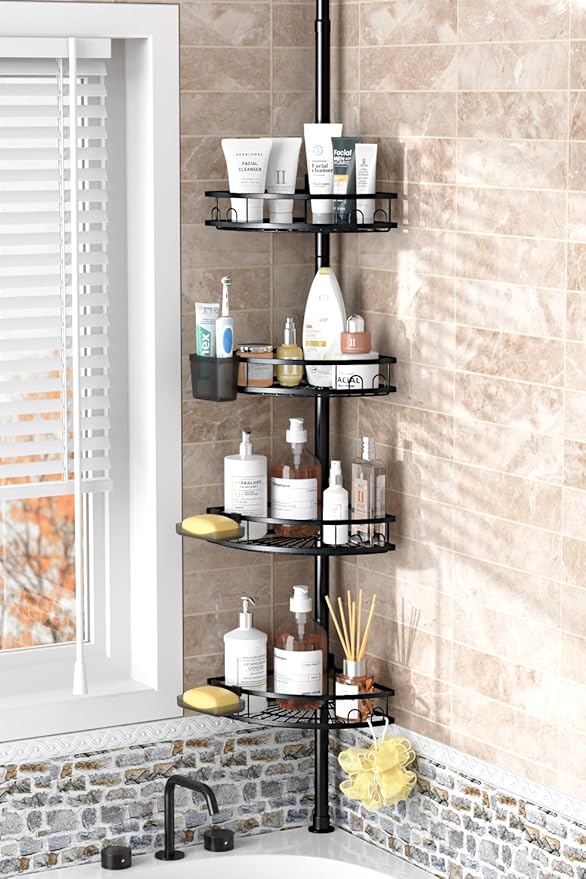 Tension Pole Shower Caddy Corner: Adjustable 4-Tier Bathroom Organizer Shelves by Foukus