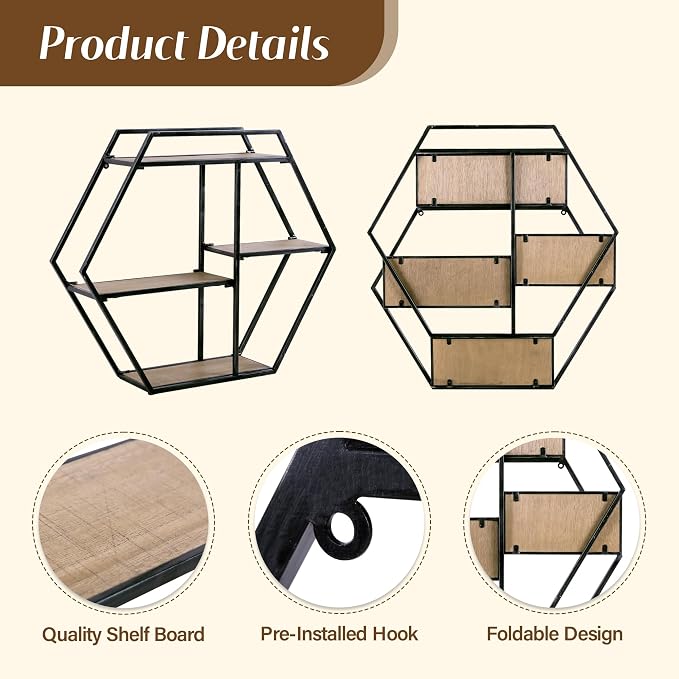 4 Tier Industrial Style Foldable Hexagon-Shaped Wall Shelves | 21" x 24" - Image 5