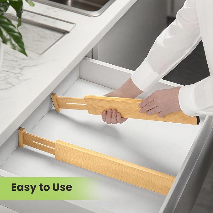 Fyvva Drawer Divider, Adjustable Bamboo Kitchen Drawer Organizer, Spring Loaded - Image 5