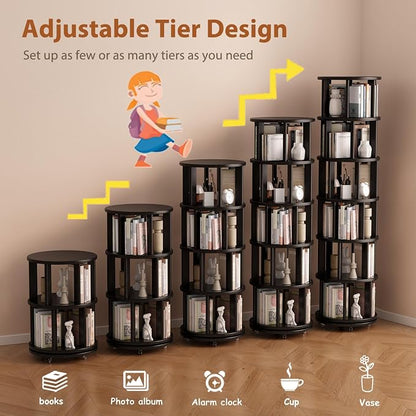 Solid Wood Rotating Bookshelf on Wheels, 6 Tier, Round Revolving Bookcase - Image 7