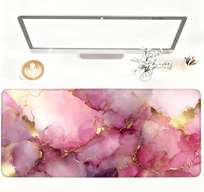 Pink Marble Ink Mouse Pad – Large Extended Desk Mat 35.43 x 15.75 in – Elegant by LEIWEIHOPE