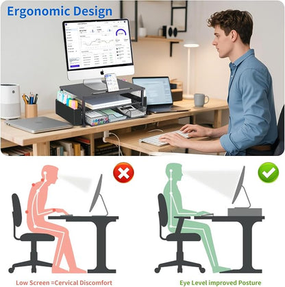 AUPSEN Wood Computer Monitor Stand Riser, 2-Tier Black Desk Organizer - Image 2