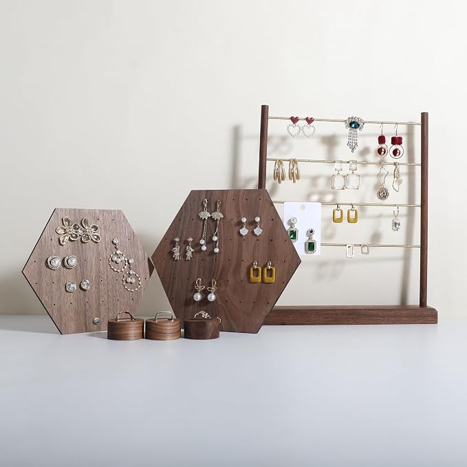 GemeShou Hexagonal Earring Organizer stand, Walnut Plywood Jewelry Display Board - Image 5