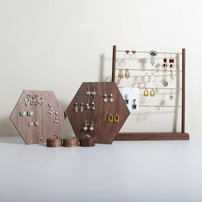 GemeShou Hexagonal Earring Organizer stand, Walnut Plywood Jewelry Display Board - Image 5