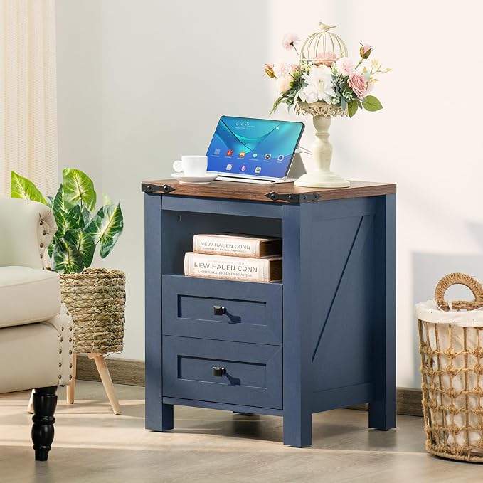 Nightstands Set of 2 with Charging Station, Farmhouse Night Stand with 2 - Image 2