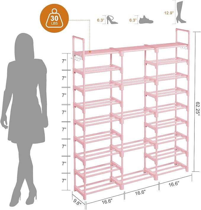 WOWLIVE 9 Tier 3-Column Shoe Rack, 50-55 Pairs Stackable Pink | 50in long - Image 3
