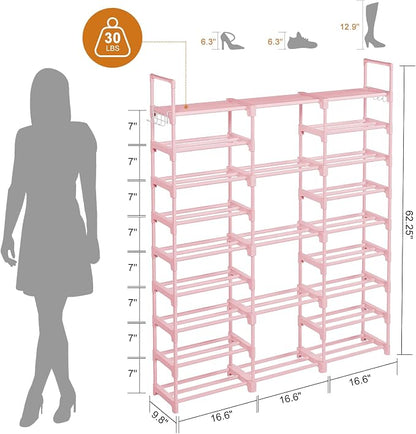 WOWLIVE 9 Tier 3-Column Shoe Rack, 50-55 Pairs Stackable Pink | 50in long - Image 3